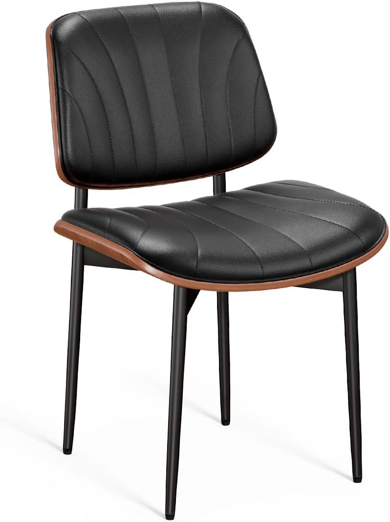 Dining Chairs Set of 2, Mid Century Modern Retro Faux Leather Chair with Walnut Bentwood Back, Upholstered Seat Metal Legs & Adjustable Foot for Kitchen Dining Room Chairs(Black PU)