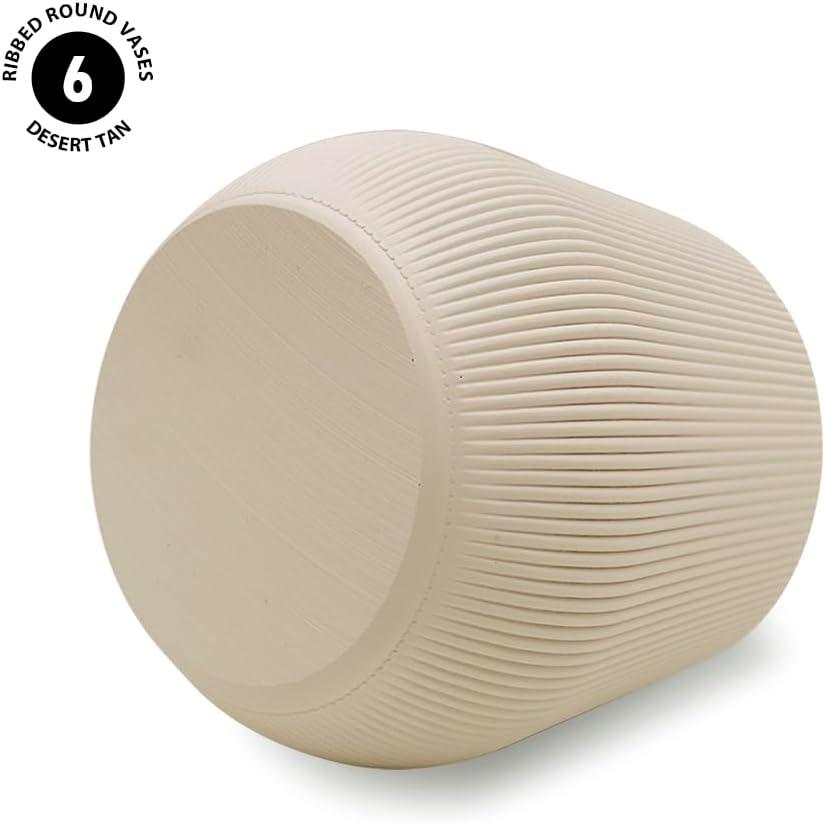 Koyal Wholesale 4" Desert Tan Ribbed Short Vases for Flowers, Fluted Flower Vase, Small Boho Vase, Mid Century Modern