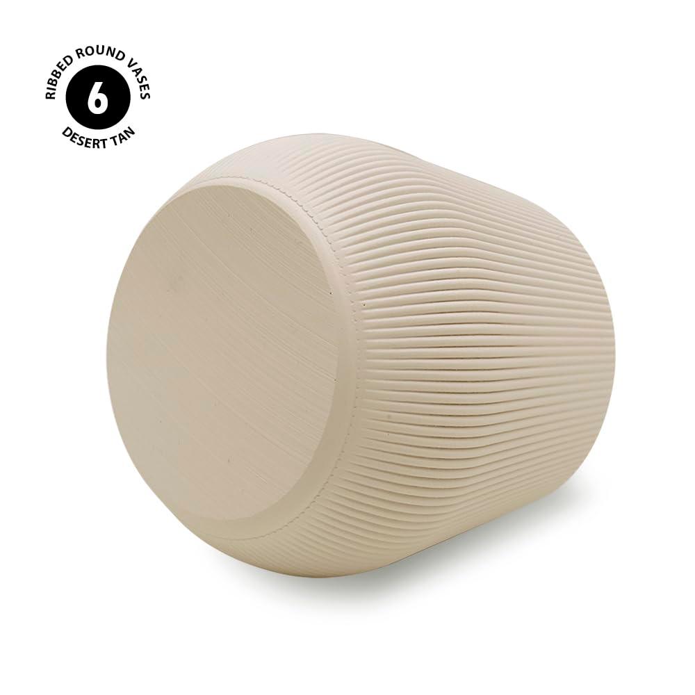 Koyal Wholesale 4" Desert Tan Ribbed Short Vases for Flowers, Fluted Flower Vase, Small Boho Vase, Mid Century Modern