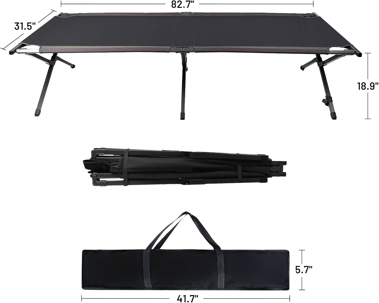 Black Steel Folding Portable Camping Cot with Storage Organizer