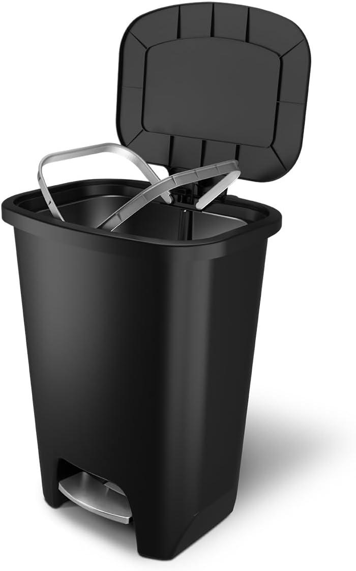 20 Gallon Trash Can - Plastic Kitchen Waste Bin with Odor Protection of Lid, Premium Stainless Steel Step On Foot Pedal and Garbage Bag Rings, Black