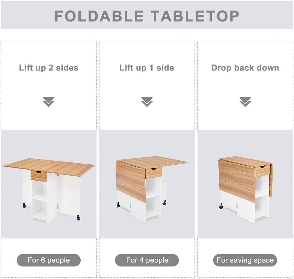 Mobile Folding Dining Table, Drop Leaf Table with 1 Drawer and 2 Open Storage Shelves for Small Space Dining Room Kitchen, White & Red Oak