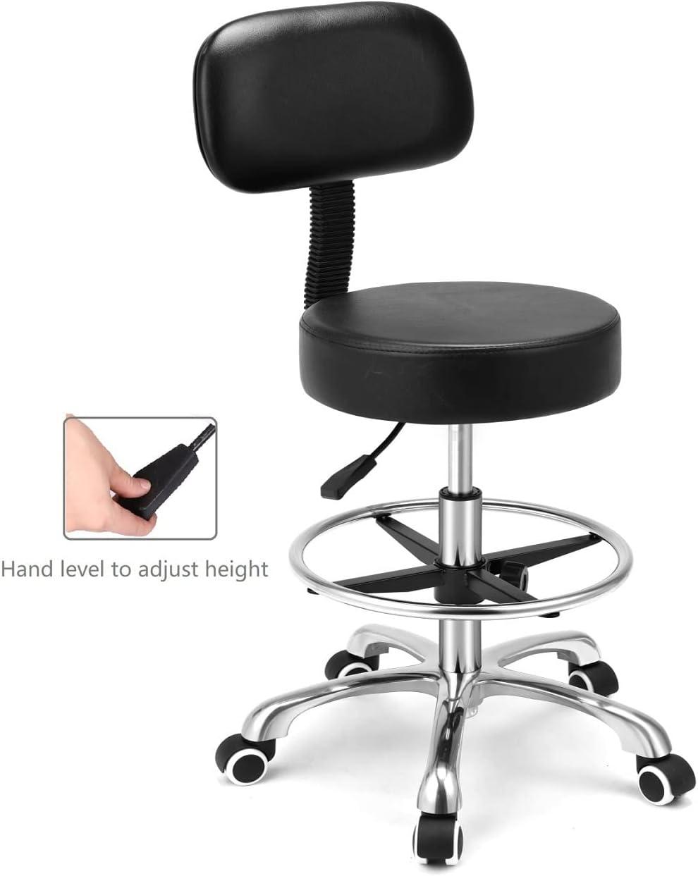 Kaleurrier Rolling Stool Salon Chair with Smooth-Rolling Wheels 360-degree Swivel Seat Heavy Duty Hydraulic Height Adjustable High Barber Cutting Stools (Black, with Backrest)