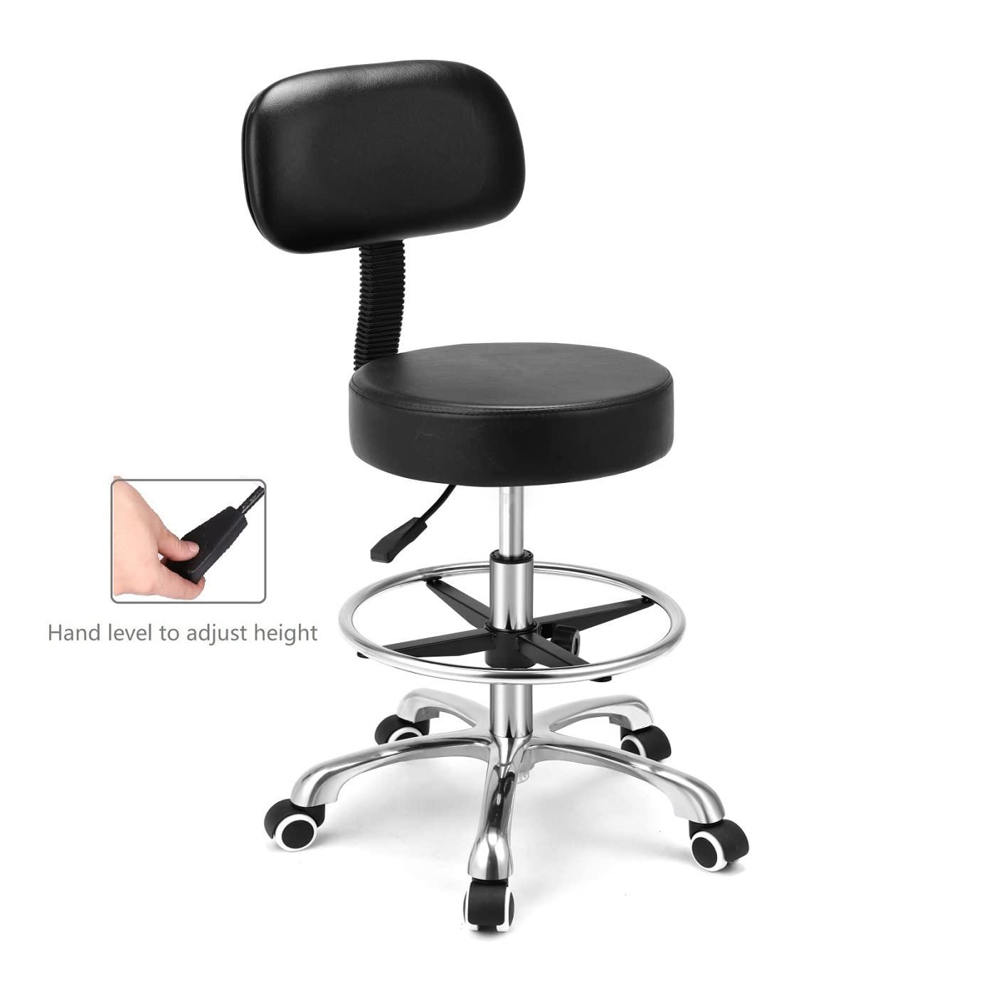Kaleurrier Rolling Stool Salon Chair with Smooth-Rolling Wheels 360-degree Swivel Seat Heavy Duty Hydraulic Height Adjustable High Barber Cutting Stools (Black, with Backrest)