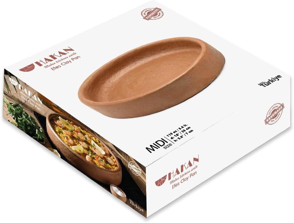 Hakan Efes Clay Pan for Cooking, Natural Unglazed Pot, Traditional Earthenware, Terracotta Ancient Meat Cazuela Dish, Round, No Lid, Midi, 3.6 qts