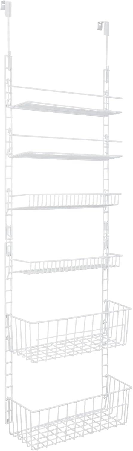 Smart Design Over The Door Adjustable Pantry Organizer Rack w/ 6 Adjustable Steel Shelves - White