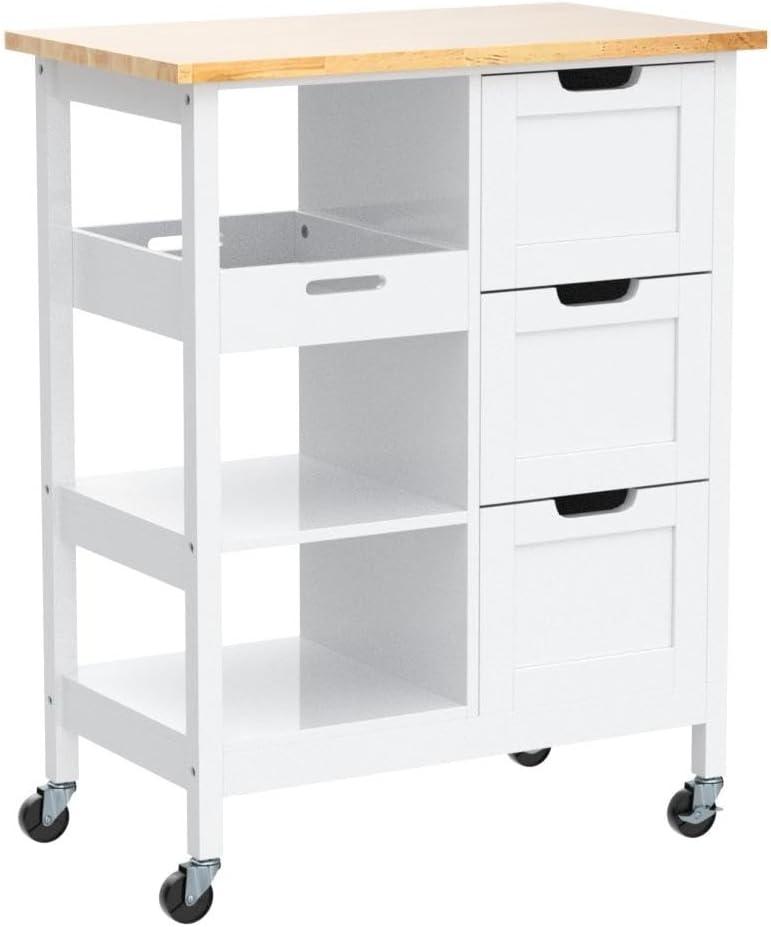 Small Solid Wood Top Kitchen Island Cart on Wheels with Storage, Rolling Portable Dining Room Serving Utility Carts Mobile Movable with 3 Drawers Cabinet, Oak & White