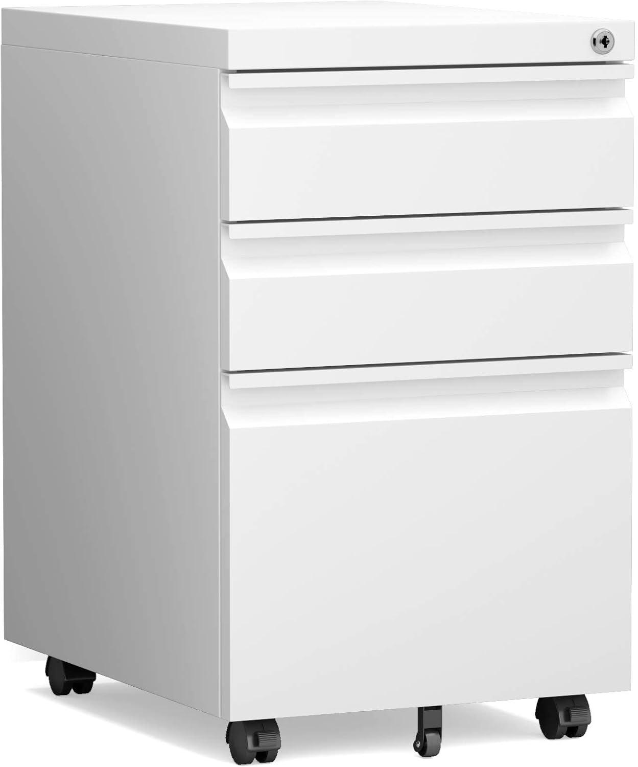 3 Drawer Mobile File Cabinet, Metal Filing Cabinets with Lock Wheels Under Desk, Lockable Rolling File Cabinet for Home Office, Fit Letter/Legal/A4 Size (White)