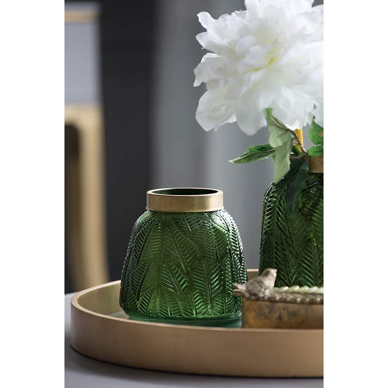 A&B Home Glass Vase with Vintage Green Leaf Pattern, Table Accent, 6 inches