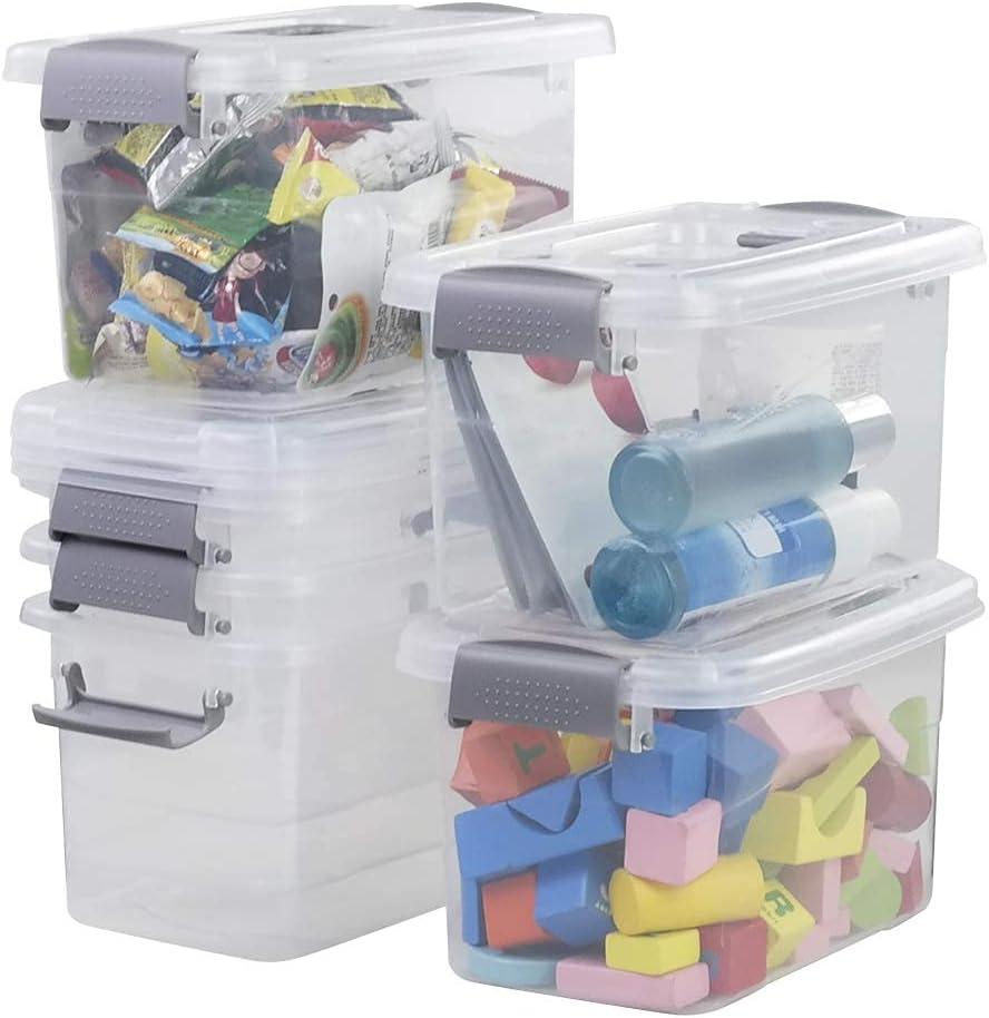 6-Pack Home Storage Bins, Plastic Container, Latching Box with Handle (Grey handle)