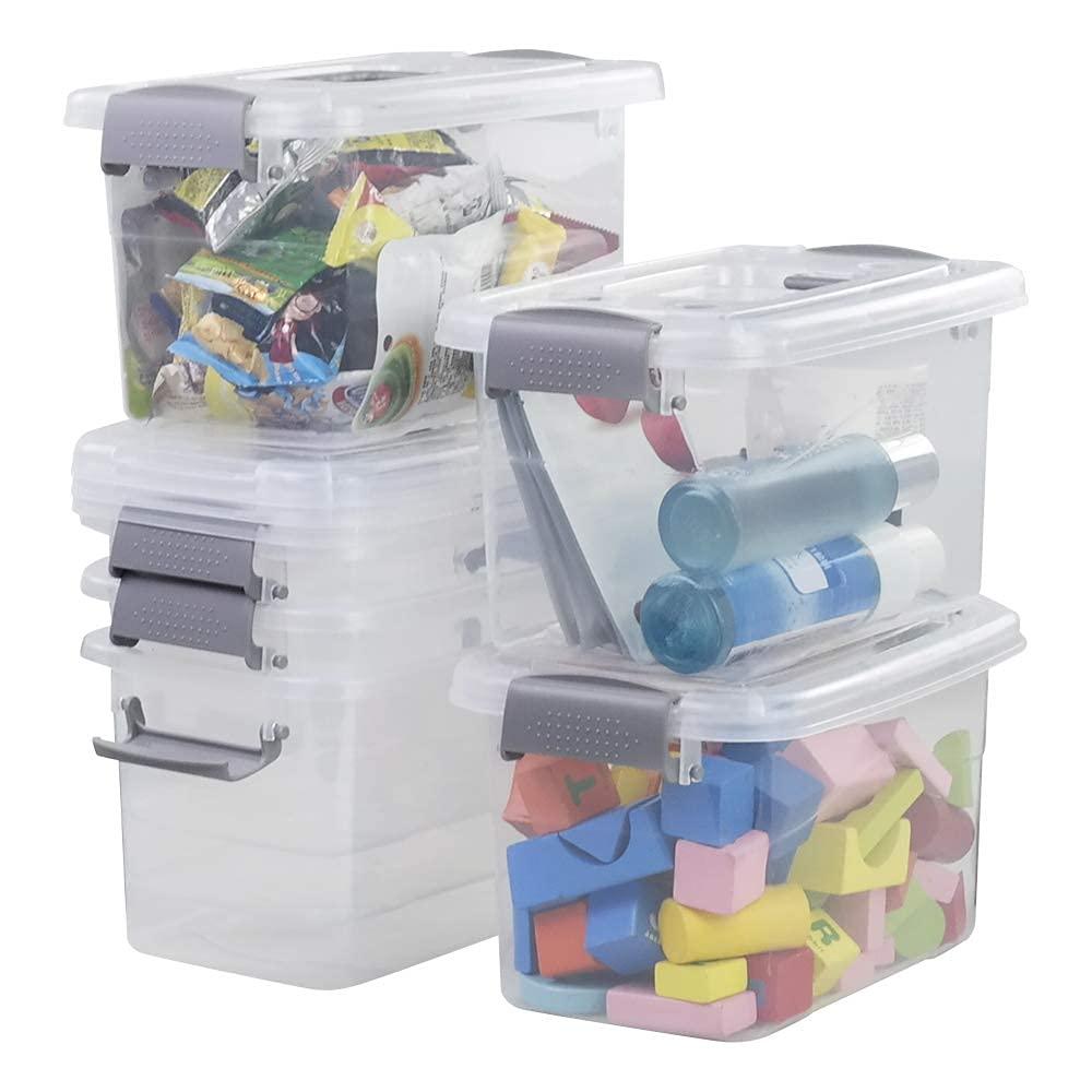 6-Pack Home Storage Bins, Plastic Container, Latching Box with Handle (Grey handle)