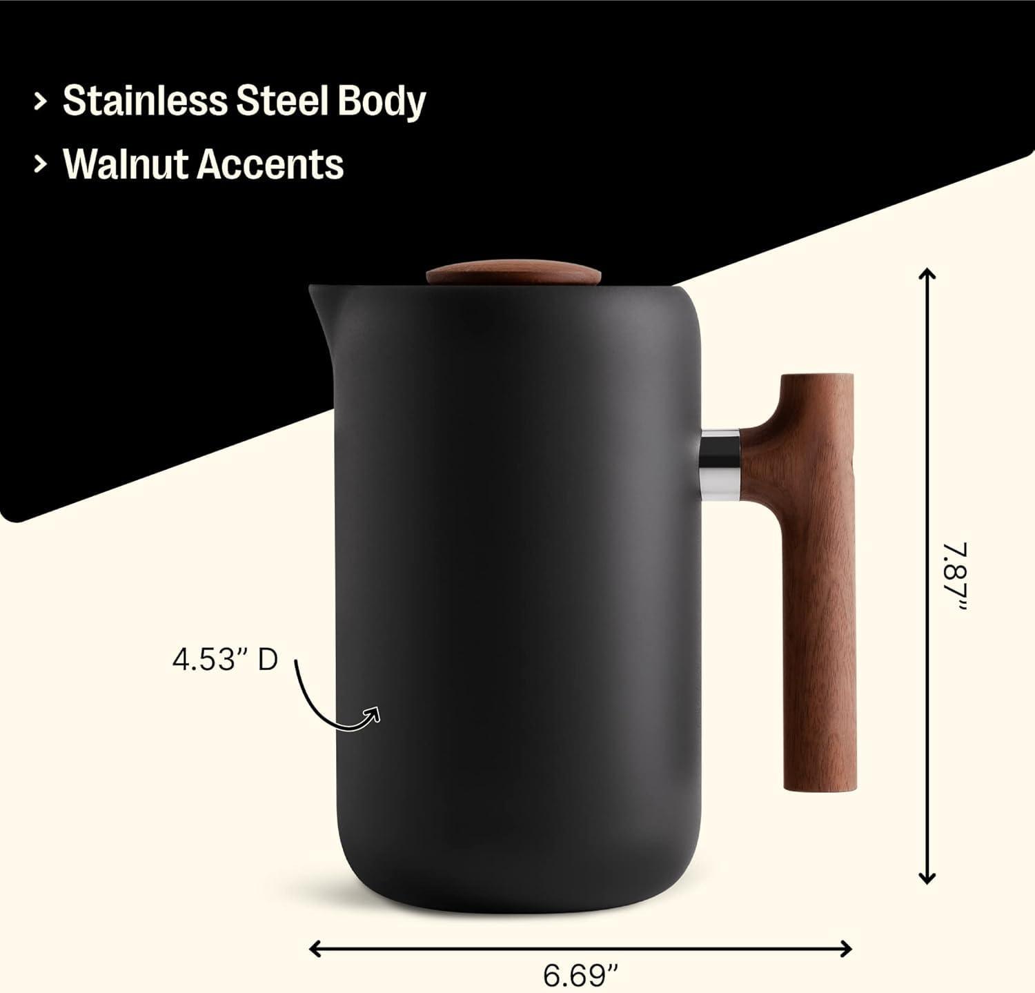 Matte Black and Walnut Insulated French Press Coffee Maker