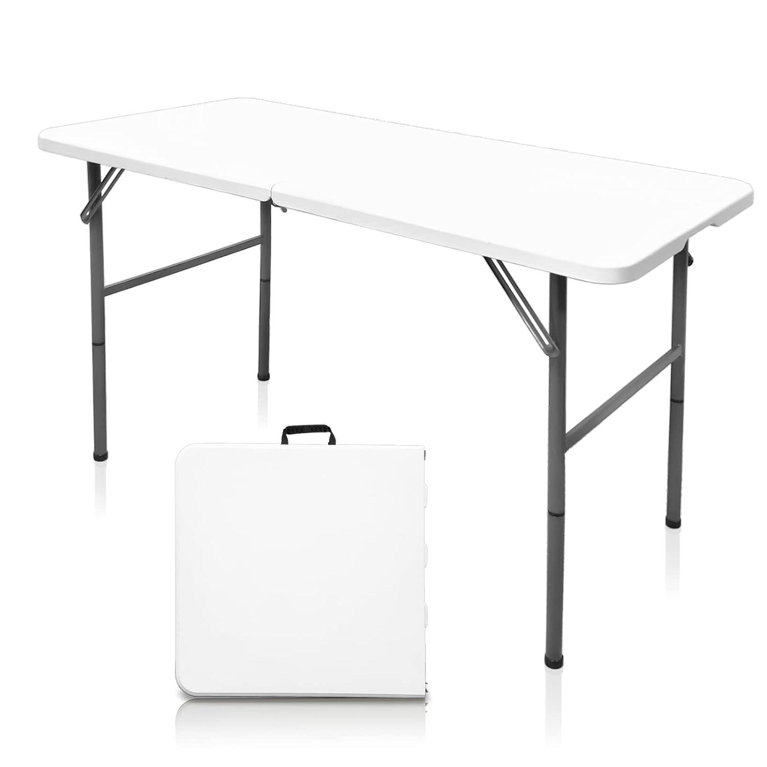 4 ft Portable Folding Table, Idustrial Heavy-Duty Foldable Table, HDPE Plastic Table, with Carrying Handle, Locks, Stright Legs for Indoor & Outdoor Party, Barbeque, Camping, Board Games - White