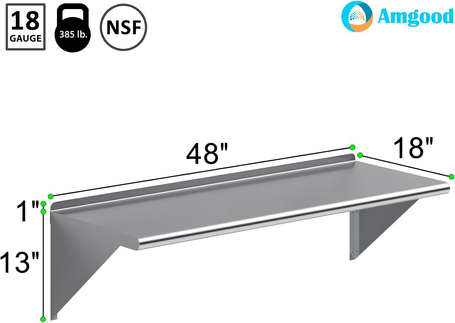 AmGood 18" Width x 48" Length | Stainless Steel Wall Shelf | Square Edge | Metal Shelving | Heavy Duty | Commercial Grade | Wall Mount | NSF Certified