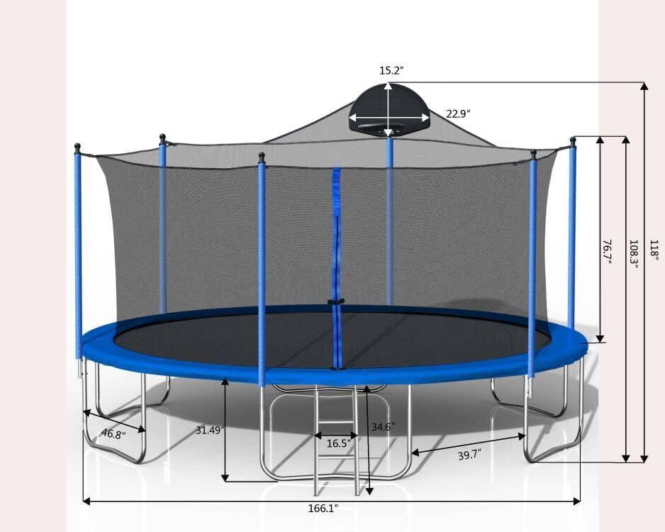 14 FT Trampoline Outdoor with Basketball Hoop, Backyard Trampoline with Enclosure Net, Heavy Duty Large Trampoline for Kids and Adults, Double-side Color cover