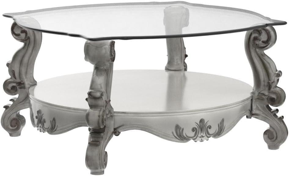 Versailles Bone White Rectangular Coffee Table with Clear Glass and Storage
