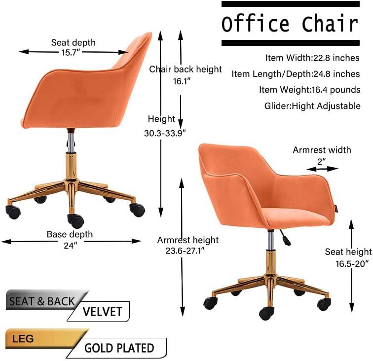 Modern 360°Swivel Velvet Office Chair, Mid-Back Desk Chairs with Wheels, Adjustable Home Office Chair with Side Arms, Gold Metal Base, Cute Desk Chair for Bedroom, Home Office, Vanity Room, Orange