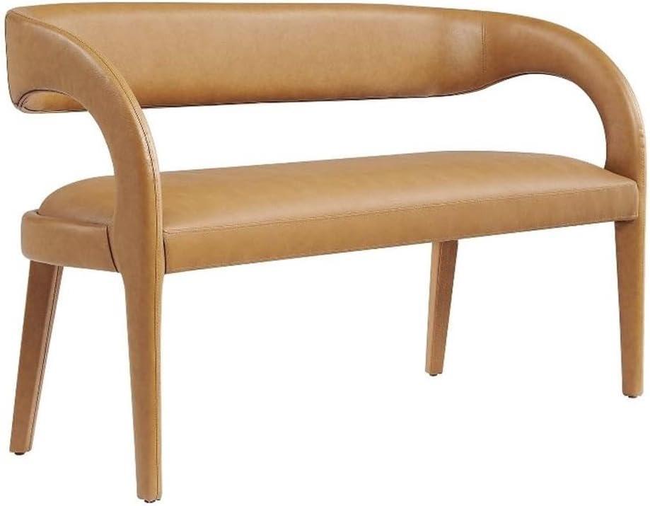 Tan Vegan Leather Curved Backrest Accent Bench