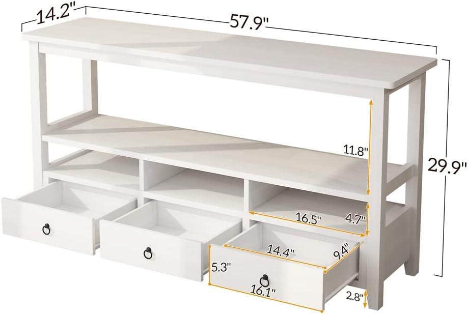 57.9" Vintage Console Table with 3 Drawers and Open Shelf, 3-Tier Buffet Sideboard, Narrow Sofa Table Entryway Table for Living Room, Kitchen Counter, White