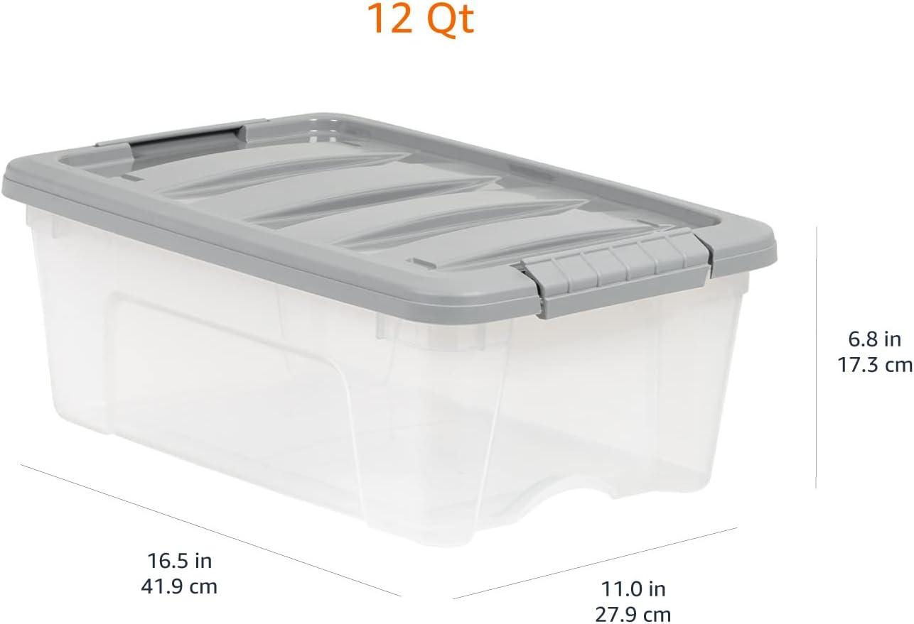 Clear and Gray Stackable Plastic Under Bed Storage Bins with Lids, 12 Quart, Set of 6