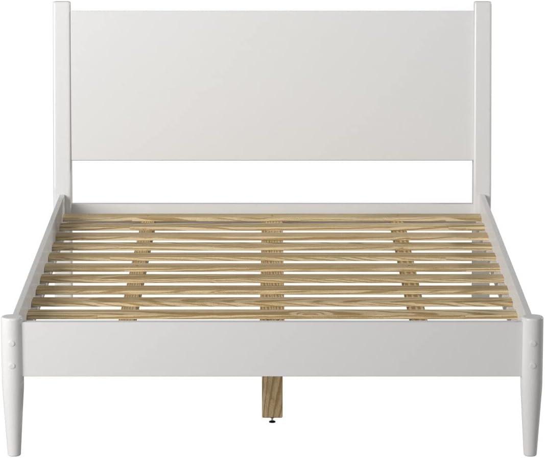 Elegant Pine Wood Queen Bed with Sleek Mid-Century Design in White