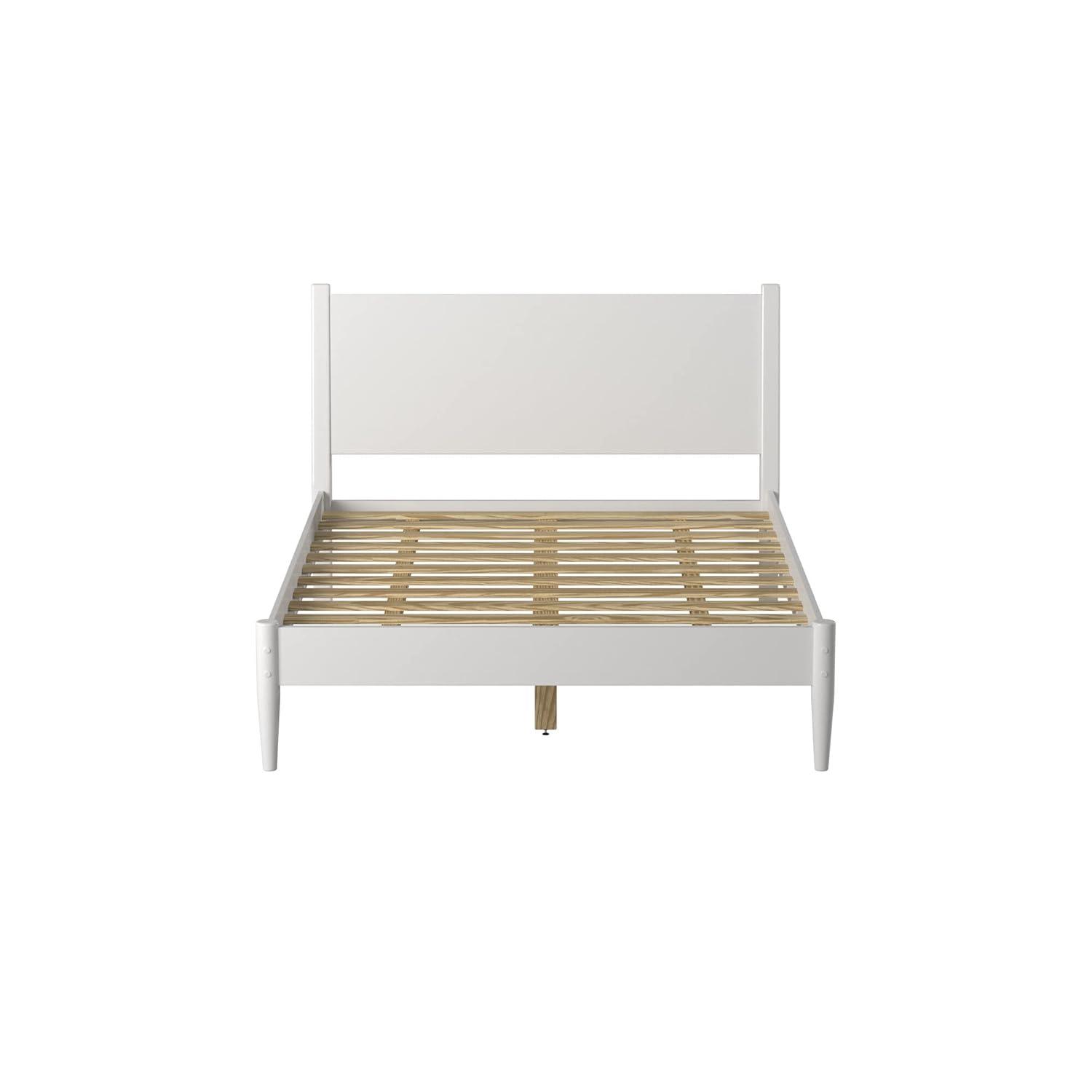 Camaflexi Mid Century Platform Bed Wood Panel Bed Frame with Headboard, Queen, White