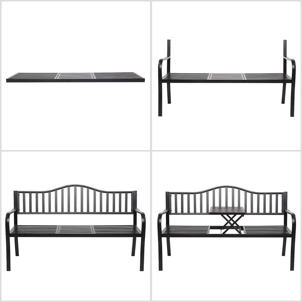 VINGLI 59" Patio Garden Bench Table Outdoor Metal Park Benches, Black Cast Iron Steel Frame Chair Porch Path Yard Lawn Decor Deck