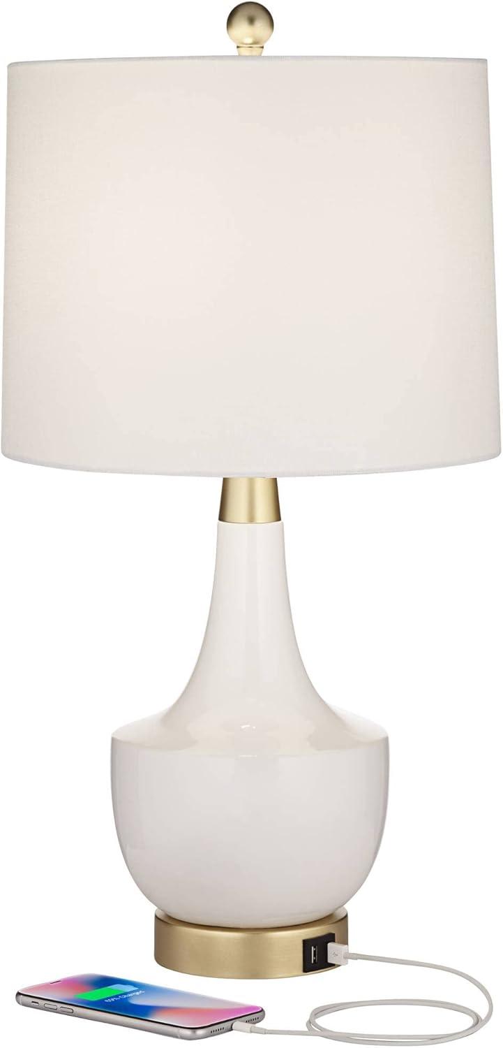 360 Lighting Nesbit 25" High Mid Century Modern Table Lamps Set of 2 USB Port White Gold Ceramic Metal Living Room Charging Bedroom Bedside Nightstand