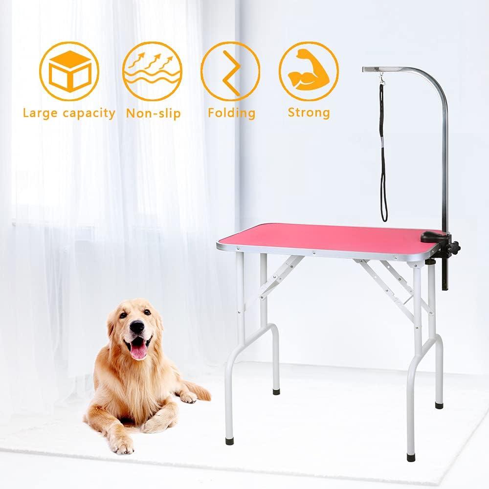 Pink 32'' Foldable Pet Grooming Table with Iron Frame and Noose