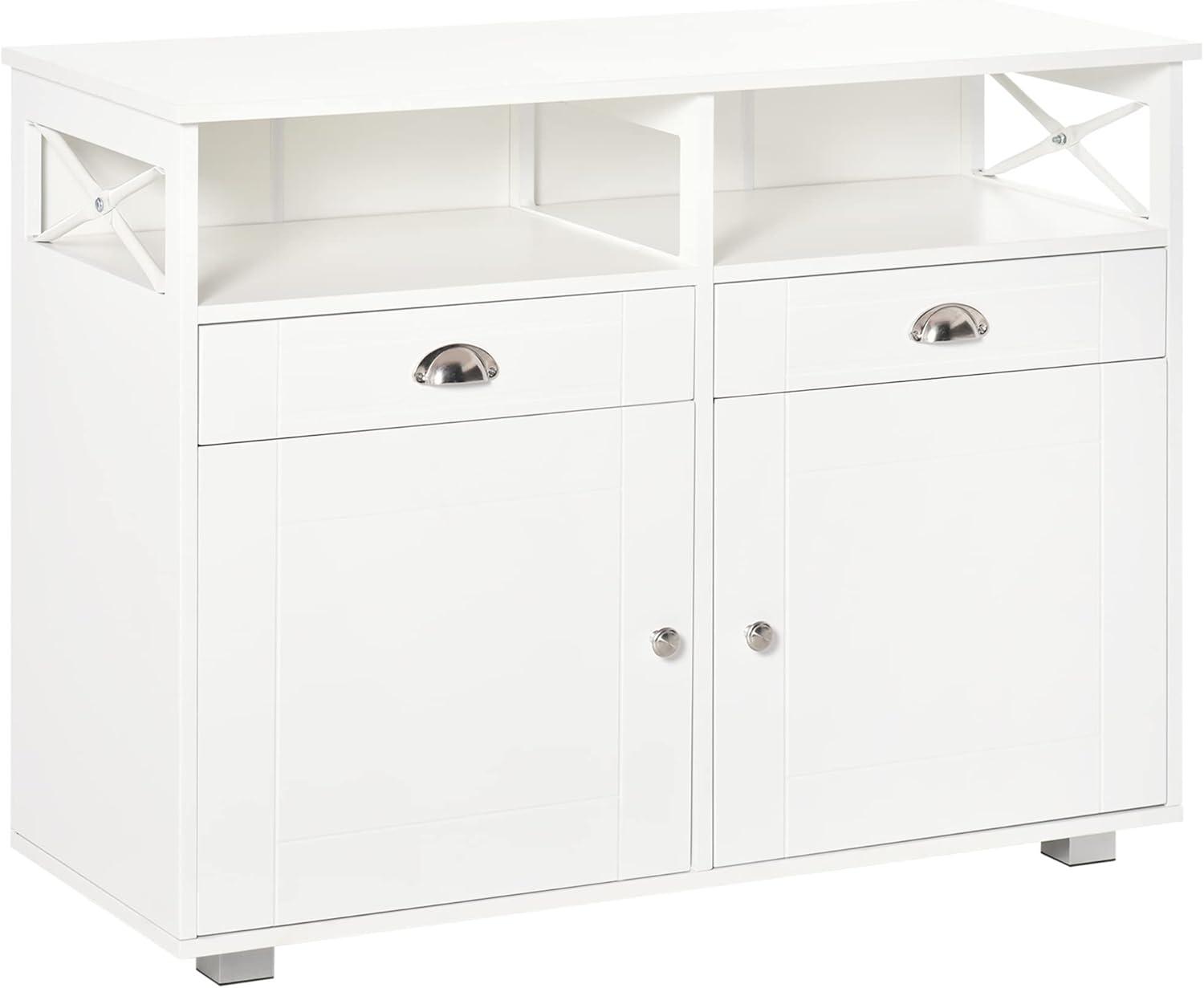 HOMCOM Sideboard Buffet, Coffee Bar, Kitchen Cabinet with Storage Drawers, Large Tabletop and Crossbar Side Design, White