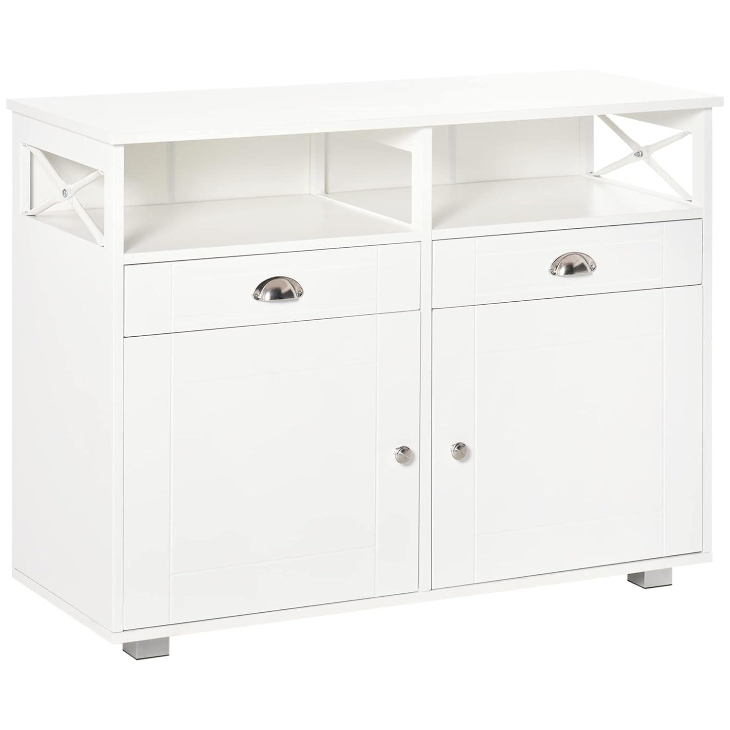 HOMCOM Sideboard Buffet, Coffee Bar, Kitchen Cabinet with Storage Drawers, Large Tabletop and Crossbar Side Design, White