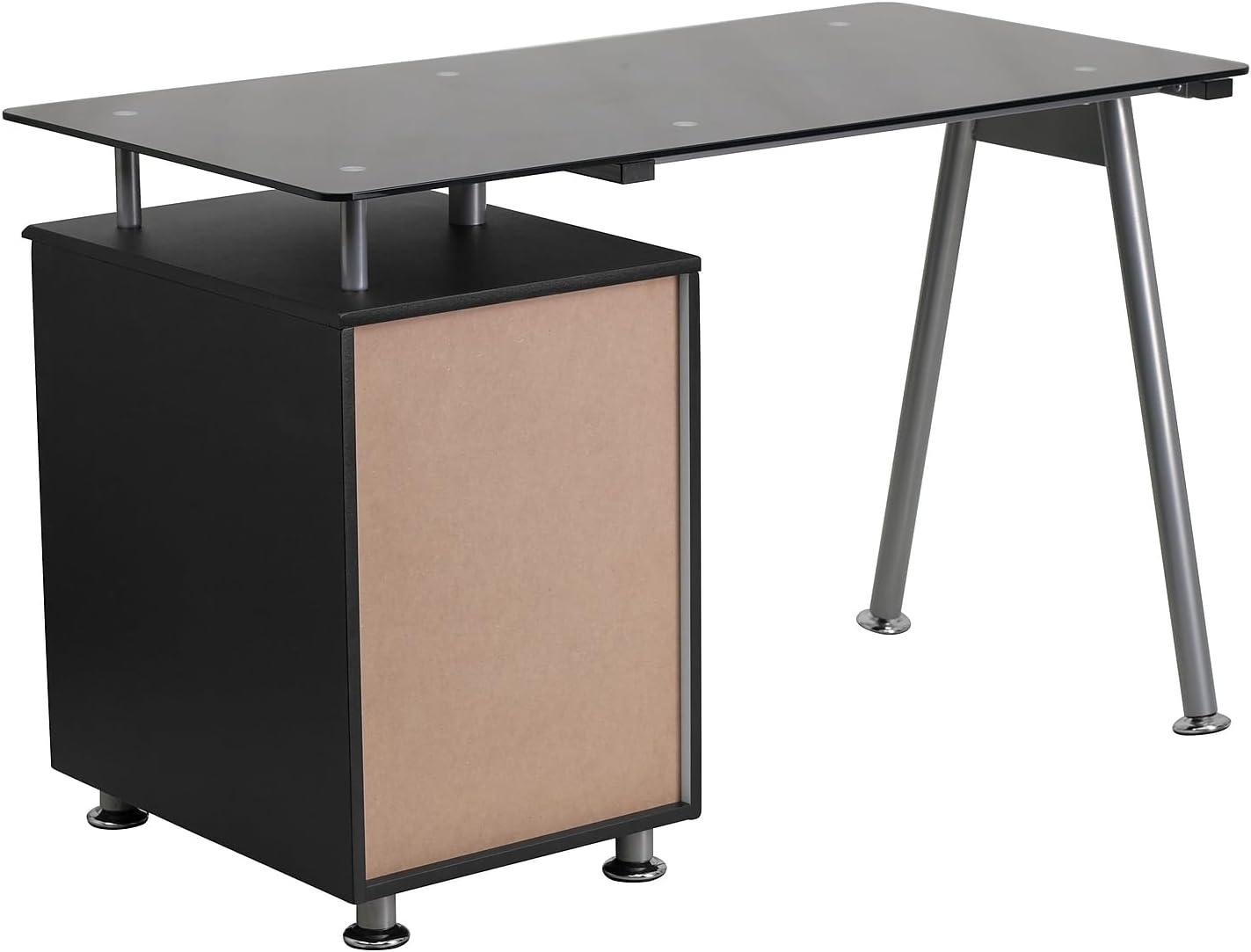 Emma and Oliver Black Glass Computer Desk with Three Drawer Pedestal