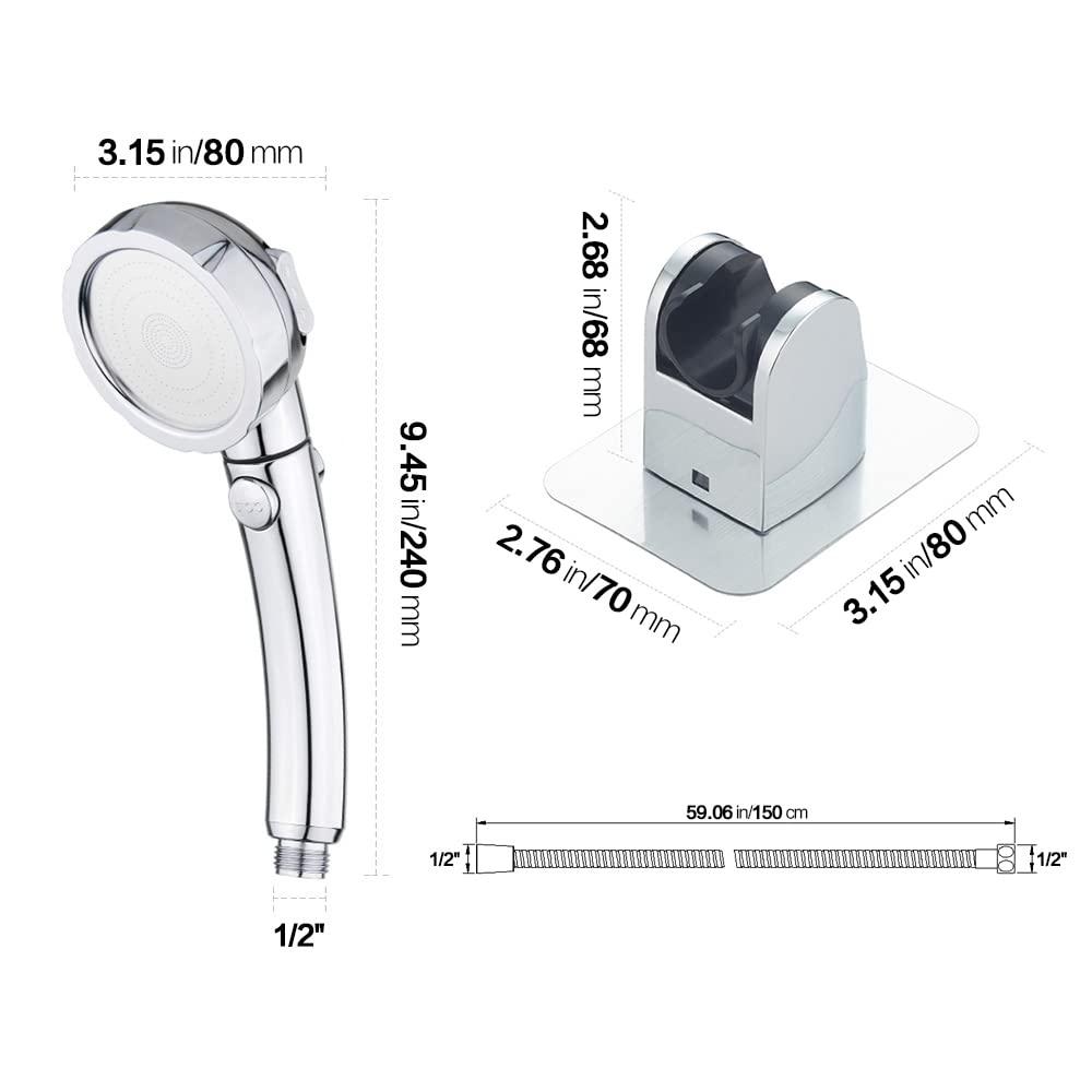 KAIYING Drill-Free High Pressure Handheld Shower Head with ONOFF Pause Switch 3 Spray Modes Water Saving Showerhead Detachable Puppy Shower Accessories (MShower Head (Chrome)+Bracket + Hose)