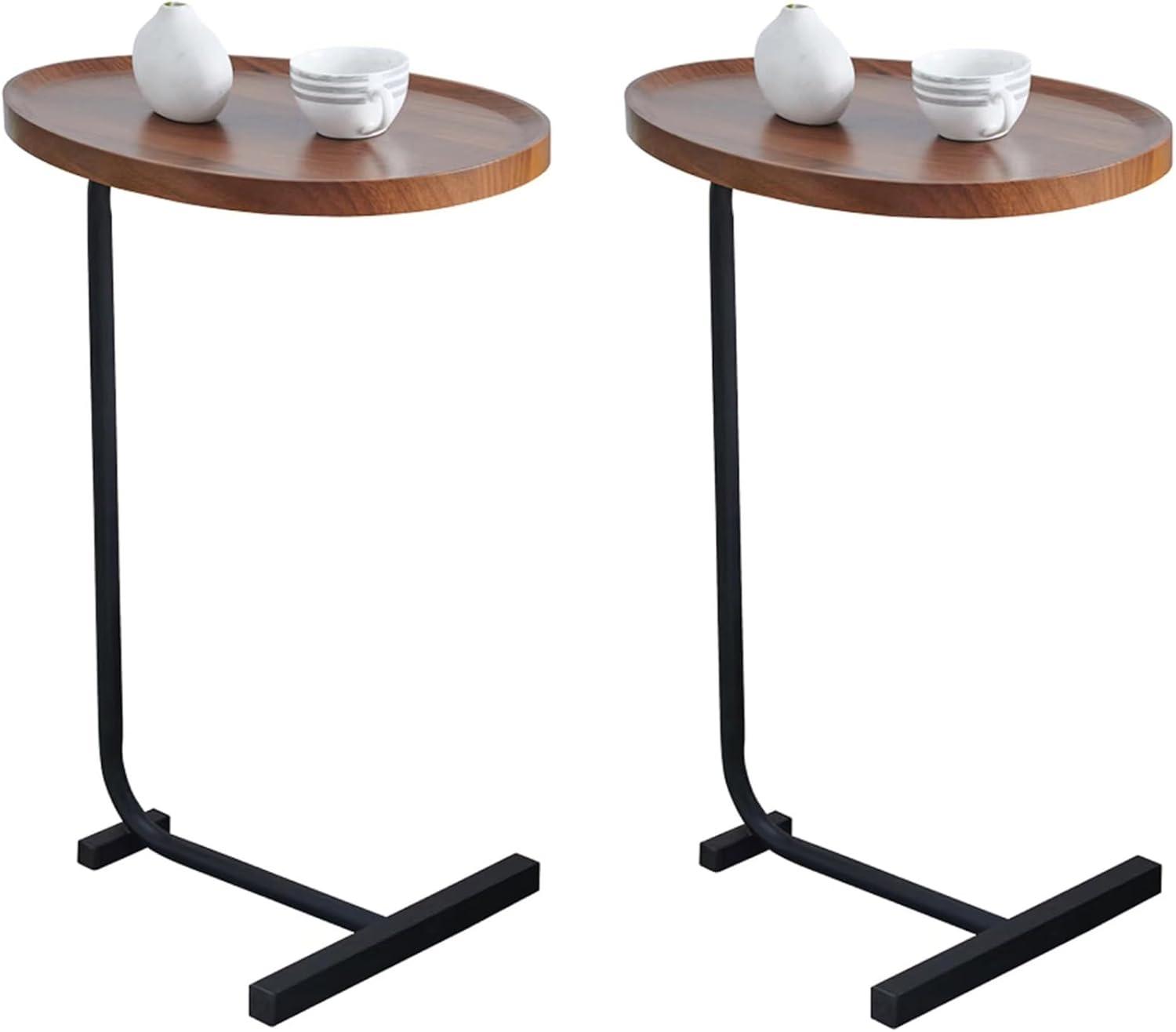 Brown Oval Top C-Shaped Side Table Set with Black Metal Frame