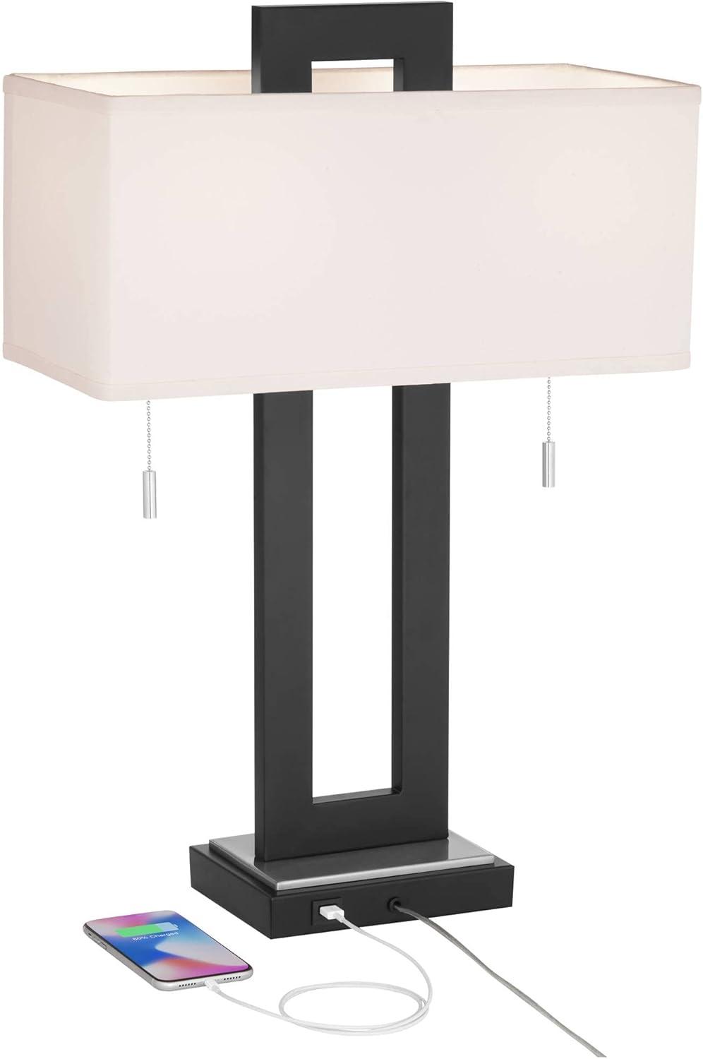 360 Lighting Neil Modern Rustic Table Lamp 26" High Black Metal with USB Charging Port White Rectangular Shade for Bedroom Living Room Bedside Desk