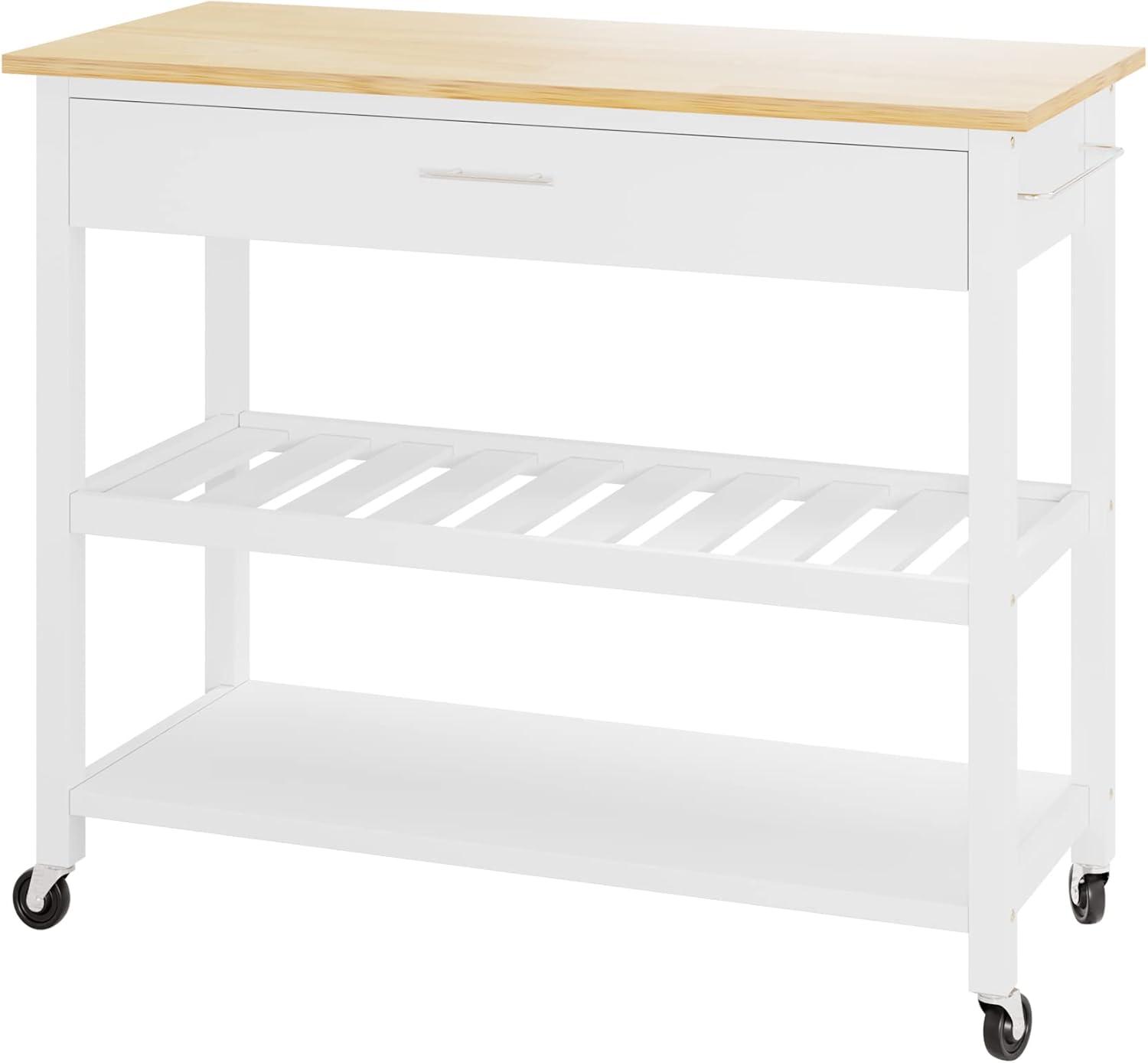 Sobaniilo Small Kitchen Island on Wheels with 3-Tier Side Spice Rack and Rubber Wood Top, Trolley Cart with Storage Cabinet & Drawer and Handle/Towel Rack, White