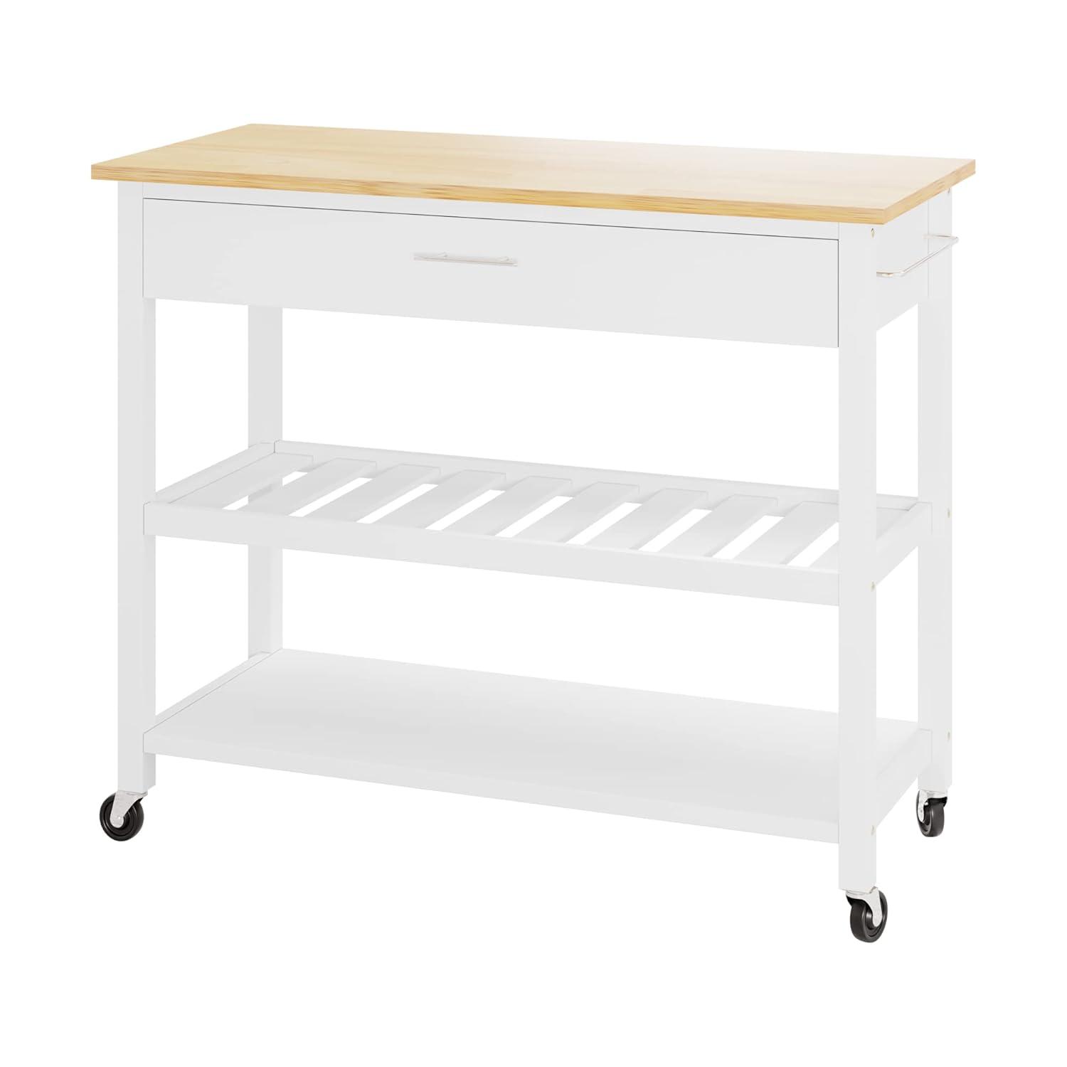 Sobaniilo Small Kitchen Island on Wheels with 3-Tier Side Spice Rack and Rubber Wood Top, Trolley Cart with Storage Cabinet & Drawer and Handle/Towel Rack, White