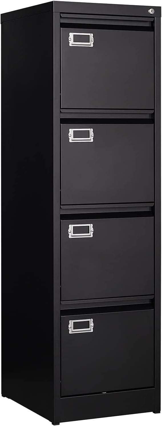 4 Drawer File Cabinet, Vertical Filing Cabinets with Lock, Metal File Cabinets for Home Office, Anti-Tip 4 Storage Drawers for Letter/Legal/A4/F4 Size (Assemble Required, Black)