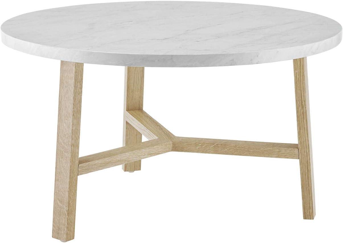 Walker Edison 30" Round Coffee Table in White Faux Marble and Light Oak