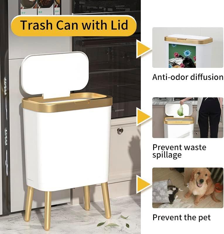 LIKOBI Trash Can with Lid,Bathroom Trash Can with Gold Edge,Slim Plastic Trash Bin for Bedroom,4 Gallon