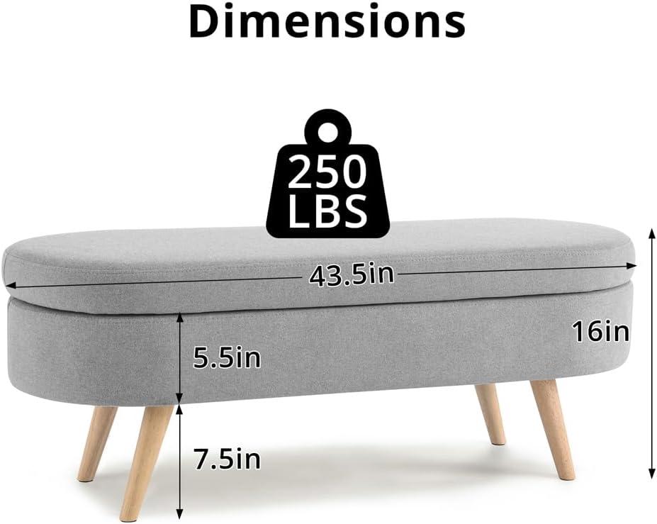 Sumdeal 43.5" Storage Ottoman Bench with 250lb Seating, Linen Upholstered Wood Legs Safety Hinge Flip Top Oval Foot Rest Long Stool for Sofa Couch Bedroom End of Bed Living Room Entryway, Grey