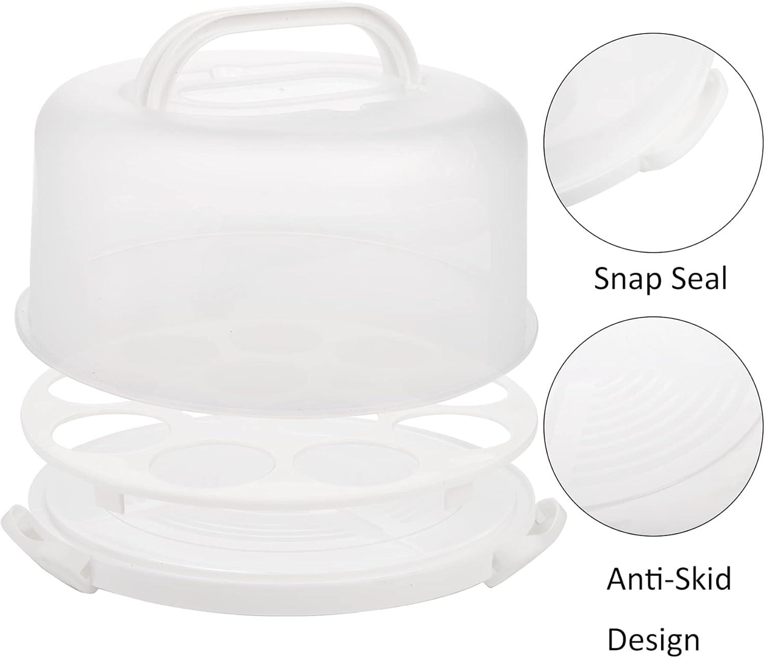 Cake Carrier with Collapsible Handle - White Cake Container and Holder with Lid