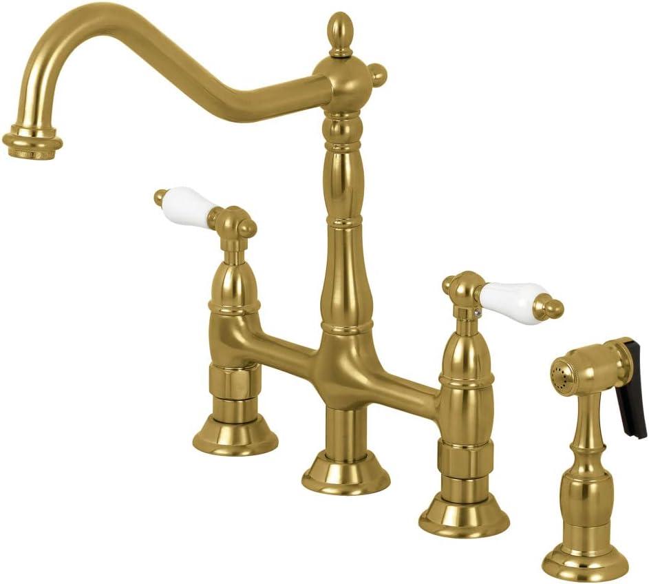 Kingston Brass Heritage Two-Handle 4-Hole Deck Mount Bridge Kitchen Faucet with Brass Side Sprayer