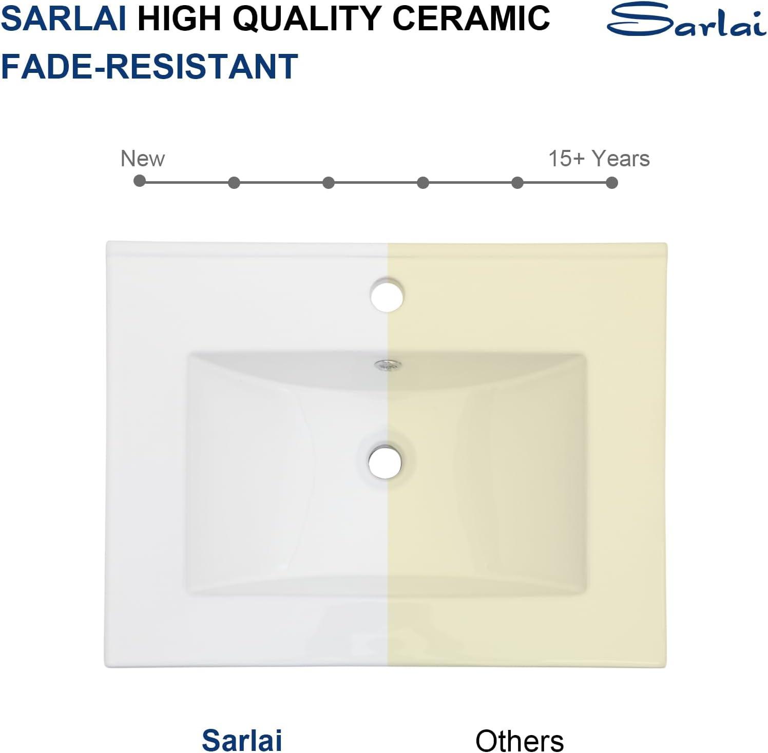 Sarlai 24 Inch Bathroom Vanity Sink Tops - White Drop In Bathroom Sink Ceramic Topmount Rectangular Vanity Top with Overflow
