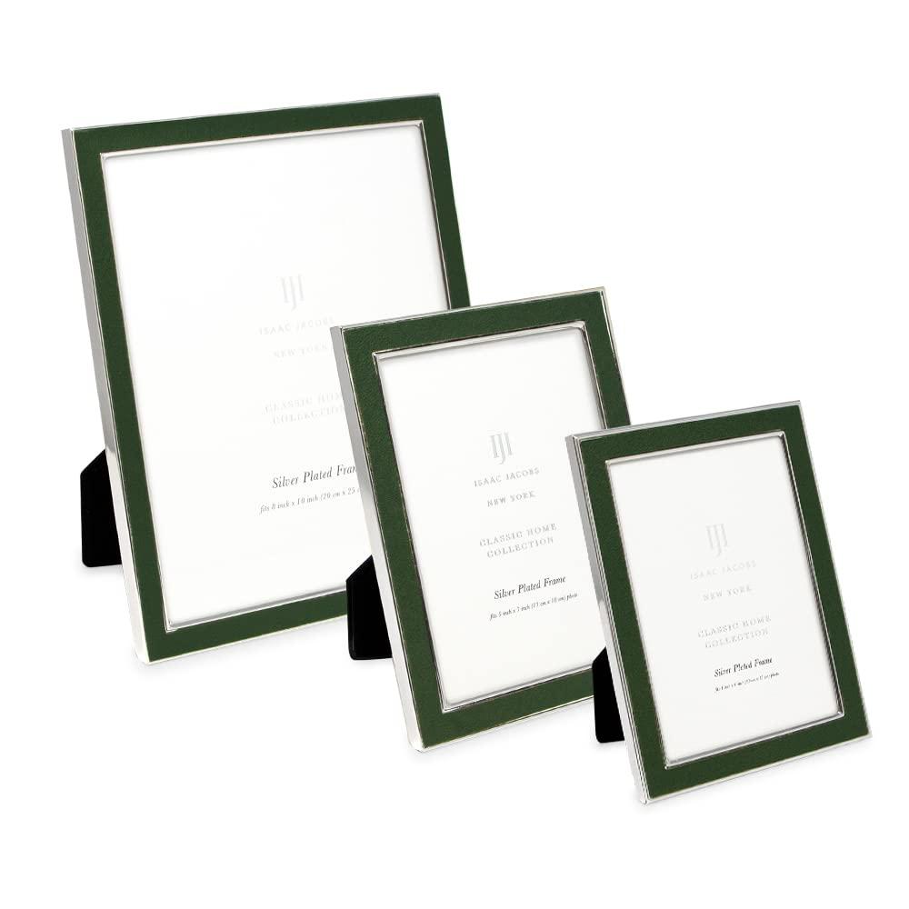 Isaac Jacobs 8x10 Olive Leather with Silver Metal Vertical & Horizontal Picture Frame, Suede Border w/ Black Fabric Easel