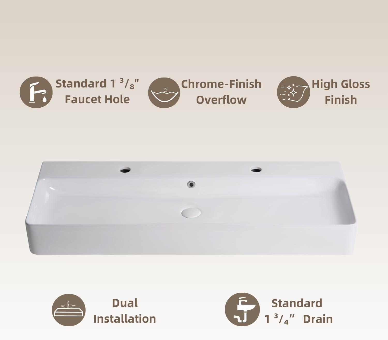 Los Flexi 43" x 16" Extra Large Trough Sink, Dual Faucet Holes, Wall-Mount Install, Pop-Up Drain