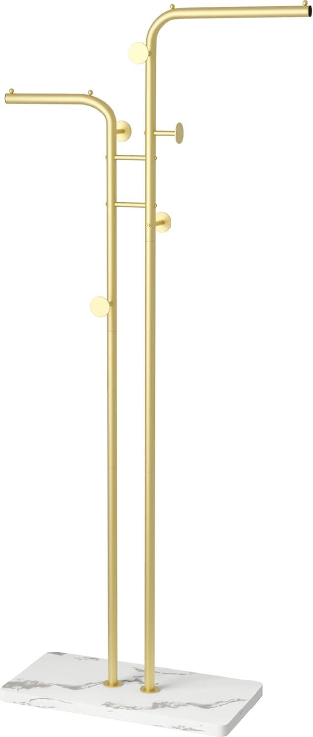 Gold Freestanding Metal Coat Rack with Marble Base and 5 Hooks