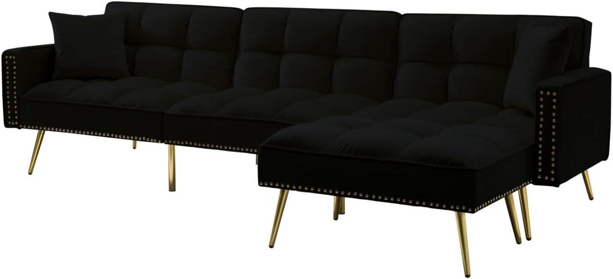 Eafurn Velvet Upholstery Convertible Sleeper Sofa Bed with Reversible Chaise,L Shaped Sectional Couch w/Reclining Backrest and 2 Pillows,Comfy Corner Sofa & Coues for Living Room Furniture Sets