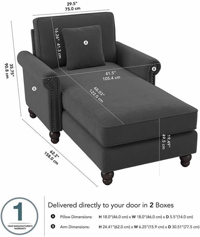 Coventry Chaise Lounge with Arms in Charcoal Gray Herringbone Fabric