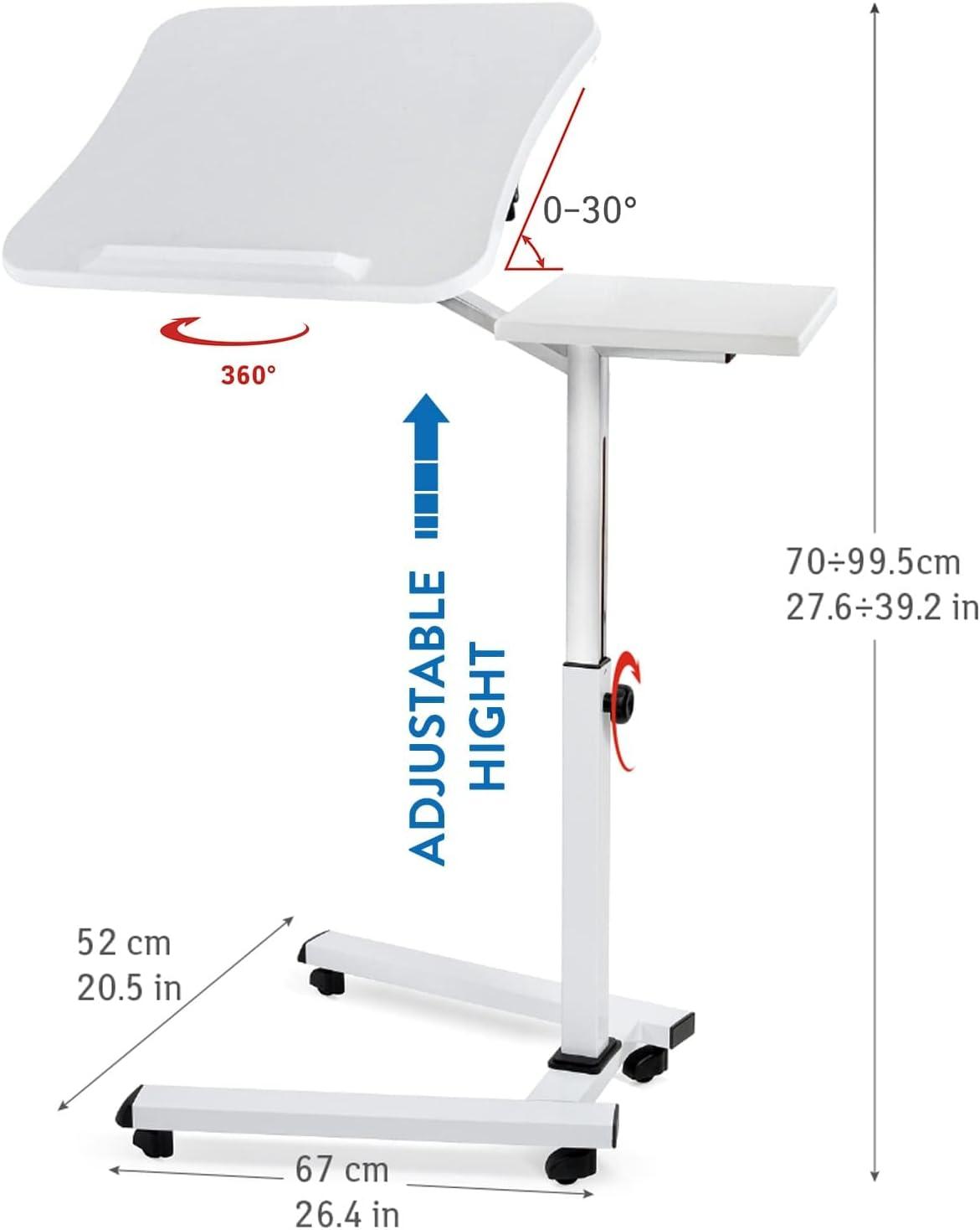 White Adjustable Height Rolling Laptop Desk with Mouse Pad